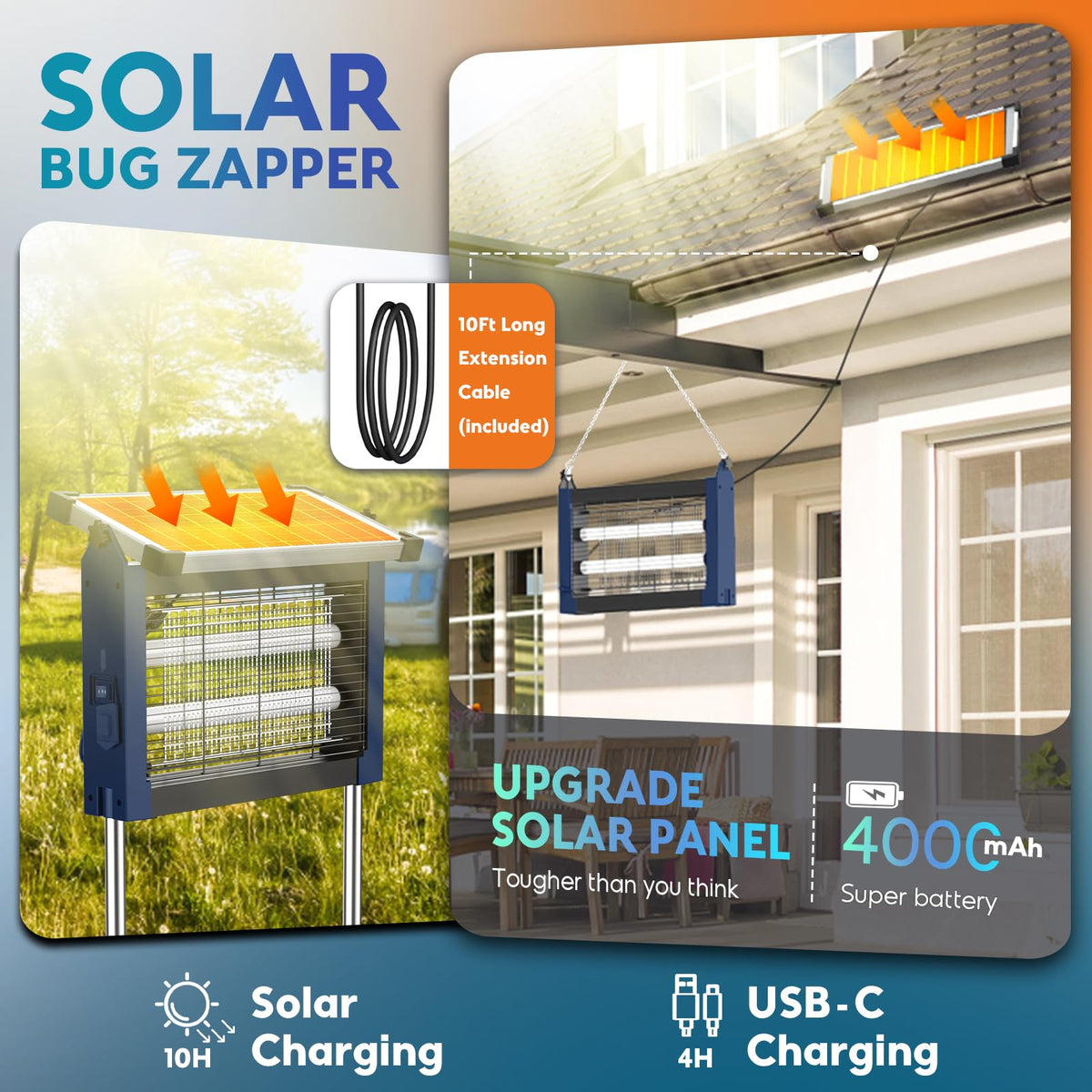 Solar Bug Zapper 4500V, Waterproof Mosquito Zapper Fly Traps Outdoor Patio