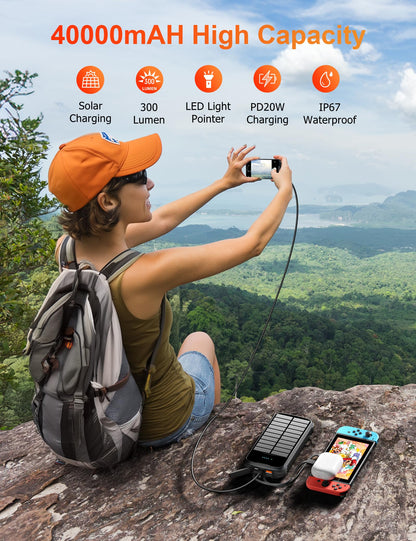 MINRISE Solar Power Bank 40000mAh, Portable Charger PD 20W Fast Charging Solar Charger Power Bank Built in 4 Cables and USB-C in/Output, Camping Essentials External Battery Pack with Flashlights