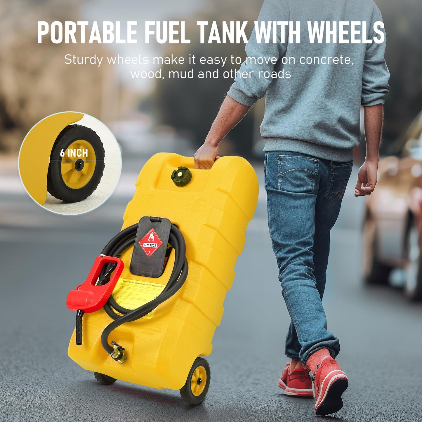 15 Gallon Gas Can, Fuel Tank Container with LE Fluid Transfer Manual Siphon Pump & 10FT Hose, Portable Diesel Gas Storage Caddy with Wheels for Car, ATV, Weeder, Boat, etc., Red