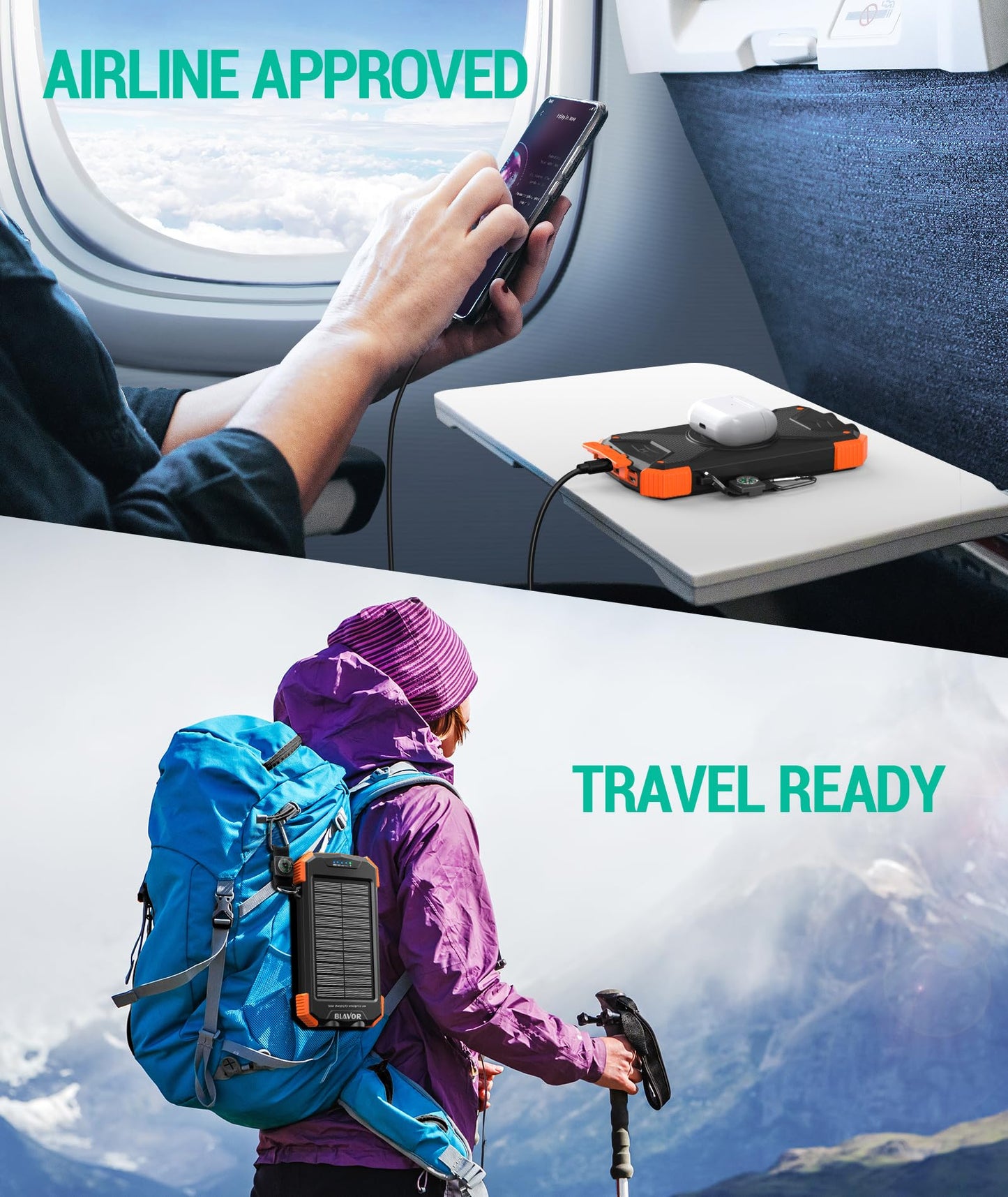 BLAVOR Solar Power Bank 10,000mAh, Portable Wireless Charger, 20W Fast Charging External Battery Pack with USB C for Cell Phones, Solar Panel Charging with Dual Flashlight for Camping