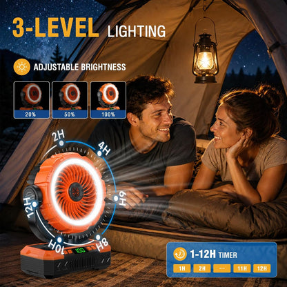 Rechargeable Solar Camping Fan, Oscillating, 5 Speeds, 3 Lights & 12-Hour Timer