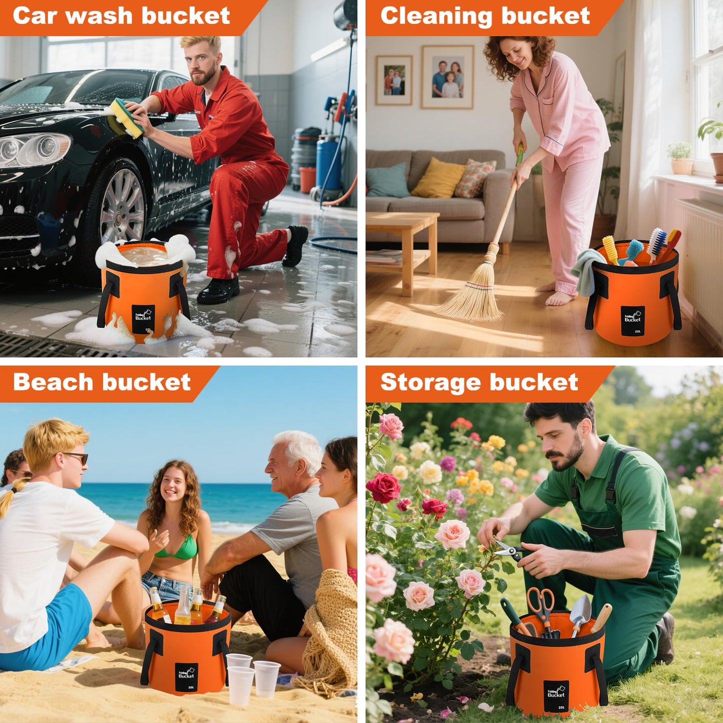 5 Gallon Collapsible Bucket with Handle, Car Wash Bucket Foldable Water Storage Container for Camping Fishing Beach Gardening, Portable Laundry Wash Basin for RV Cleaning Supplies Swamp Emergency Prep