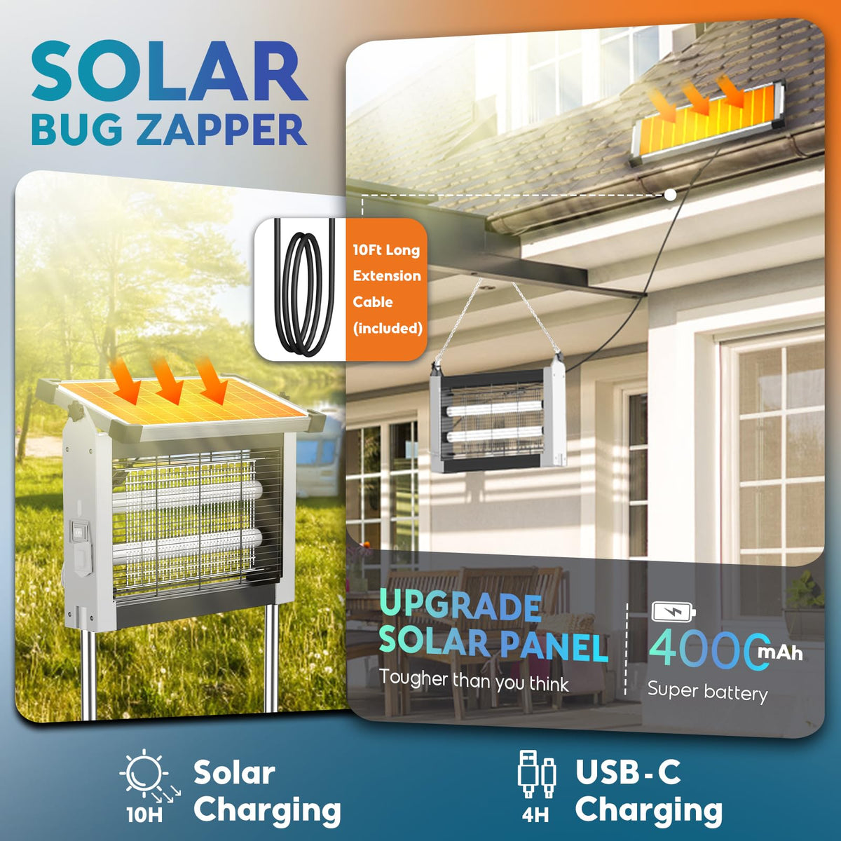 Solar Bug Zapper 4500V, Waterproof Mosquito Zapper Fly Traps Outdoor Patio