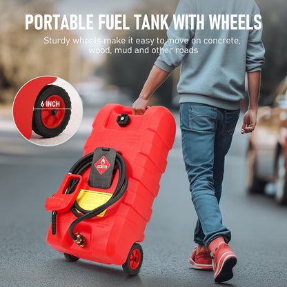 15 Gallon Gas Can, Fuel Tank Container with LE Fluid Transfer Manual Siphon Pump & 10FT Hose, Portable Diesel Gas Storage Caddy with Wheels for Car, ATV, Weeder, Boat, etc., Red