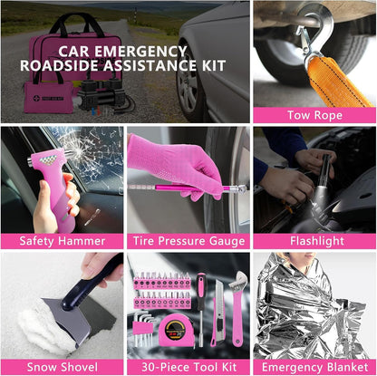 Car Emergency Kit with 12V Air Compressor, Jumper Cables, First Aid & Auto Tools