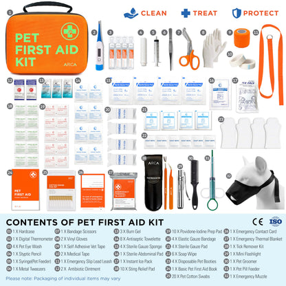 ARCA PET Cat & Dog First Aid Kit for Car - Pet Emergency Kit for Home Office Travel – Dog Camping Essentials with Digital Thermometer, Muzzle & Mini First Aid Pouch