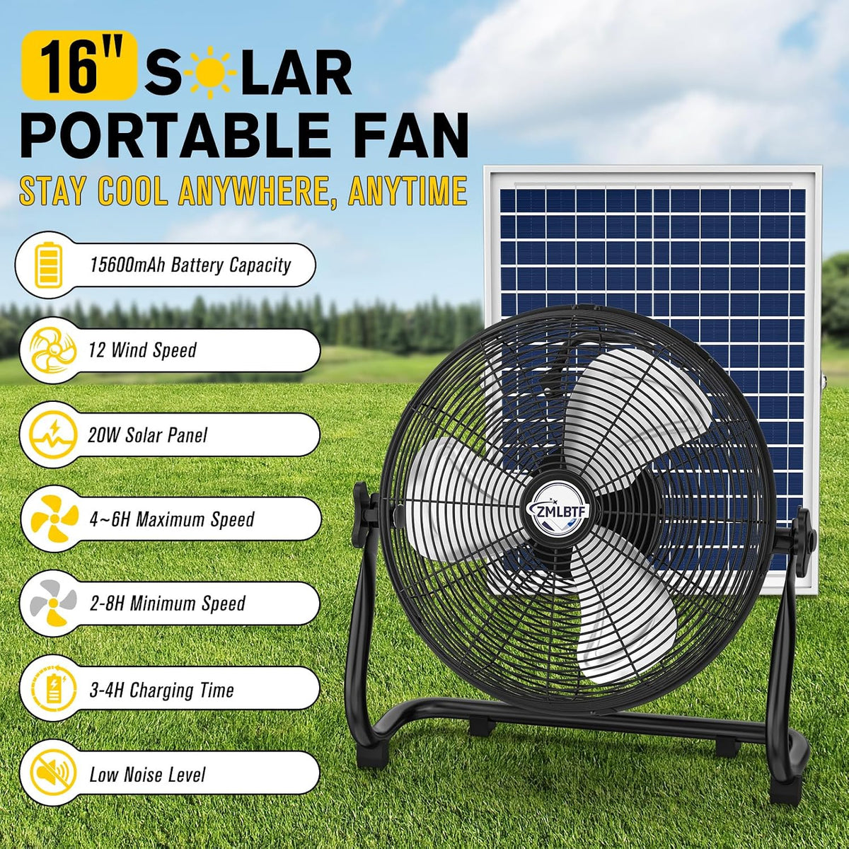 16" Solar Powered Fan with 20W Detachable Solar Panel, Black