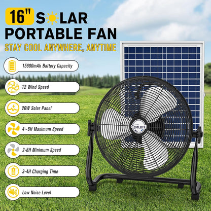 16" Solar Powered Fan with 20W Detachable Solar Panel, Black