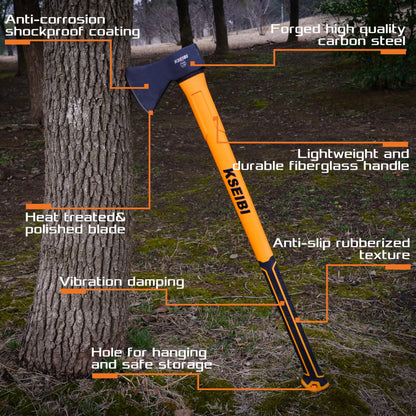 KSEIBI Wood Axe, Small Outdoor Camp Hatchet for Splitting and Kindling Wood, Forged Steel Blade with Anti-Slip and Shock Reduction Handle Great Throwing Axes and Hatchets (Modern)