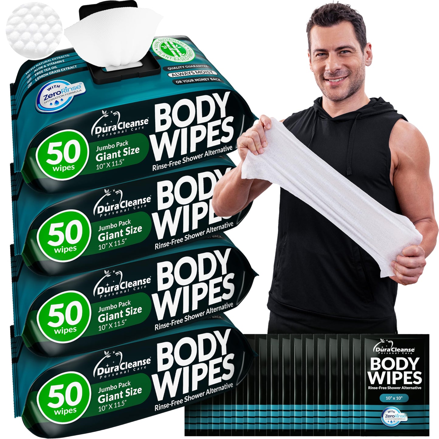 XL Body Wipes for Adults Bathing – 50 Ct + 4 Travel Shower Wipes 10 x 11.5" Thick Cleansing No Rinse Bath Wash Sheets for Elderly, Incontinence, Men & Women, Camping Essentials Disposable Washcloths