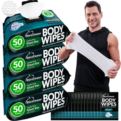 XL Body Wipes for Adults Bathing – 50 Ct + 4 Travel Shower Wipes 10 x 11.5" Thick Cleansing No Rinse Bath Wash Sheets for Elderly, Incontinence, Men & Women, Camping Essentials Disposable Washcloths