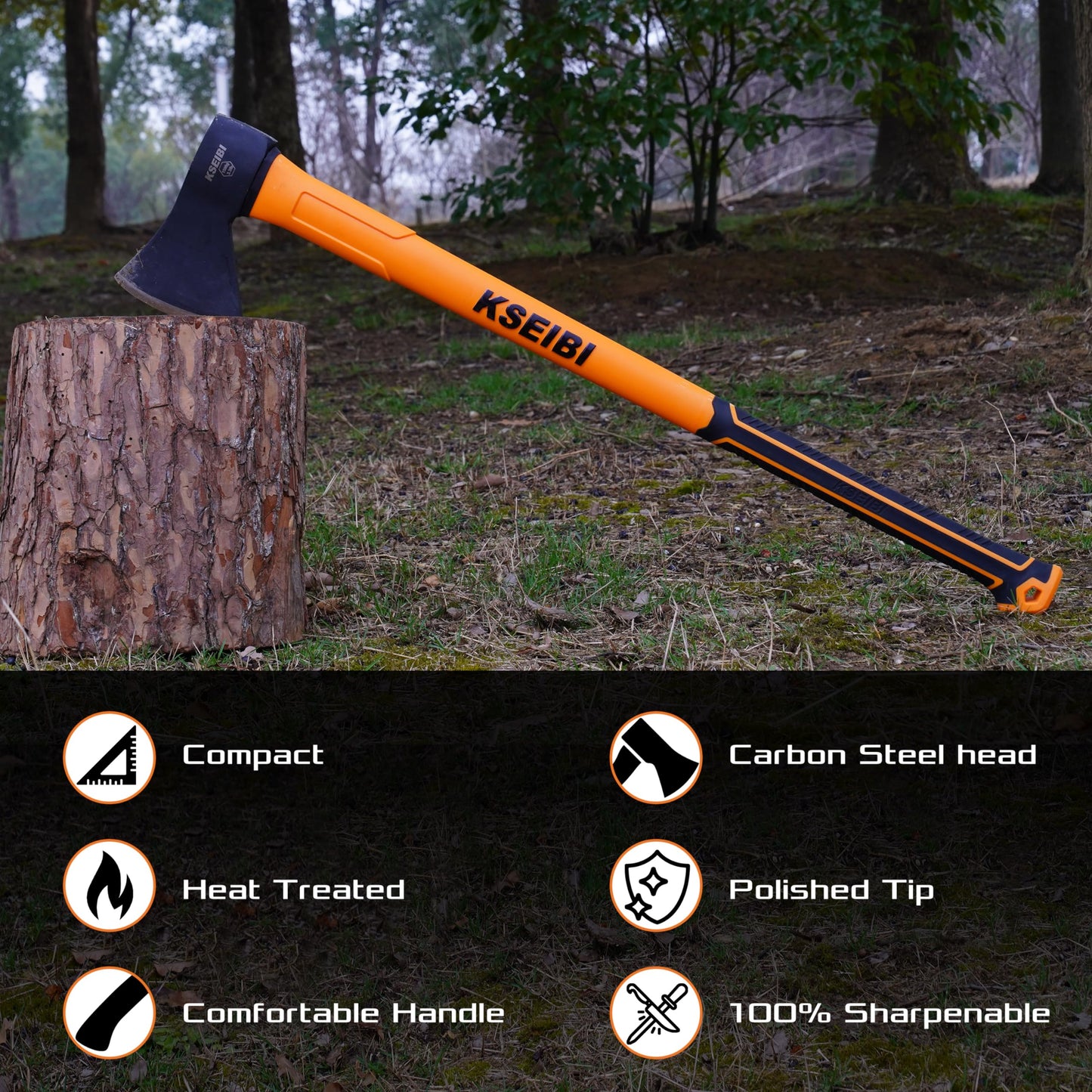 KSEIBI Wood Axe, Small Outdoor Camp Hatchet for Splitting and Kindling Wood, Forged Steel Blade with Anti-Slip and Shock Reduction Handle Great Throwing Axes and Hatchets (Modern)