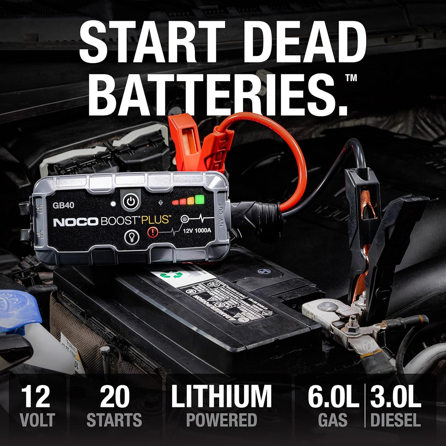 NOCO Boost GB40: 1000A UltraSafe Jump Starter – 12V Lithium Battery Booster Pack, Portable Jump Box, Power Bank & Jumper Cables - for 6.0L Gas and 3.0L Diesel Engines