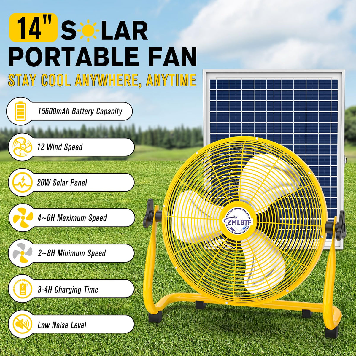 16" Solar Powered Fan with 20W Detachable Solar Panel, Black