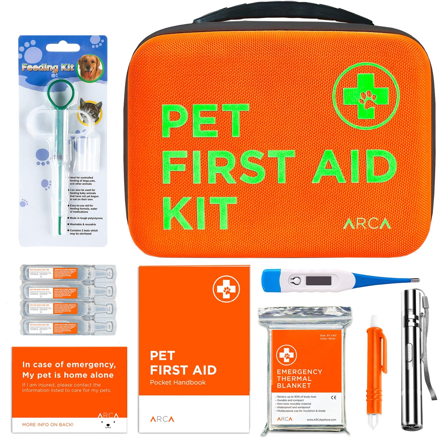 ARCA PET Cat & Dog First Aid Kit for Car - Pet Emergency Kit for Home Office Travel – Dog Camping Essentials with Digital Thermometer, Muzzle & Mini First Aid Pouch