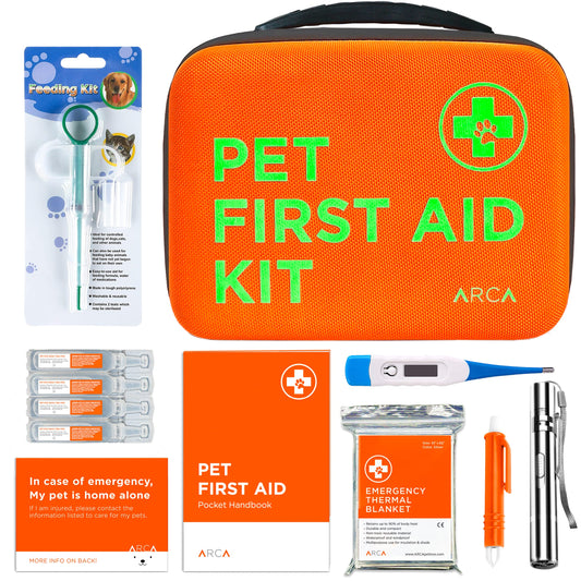 ARCA PET Cat & Dog First Aid Kit for Car - Pet Emergency Kit for Home Office Travel – Dog Camping Essentials with Digital Thermometer, Muzzle & Mini First Aid Pouch