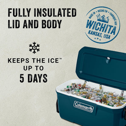 Coleman Classic Series Insulated Portable Rolling Cooler with Wheels, Leak-Resistant Outdoor Hard Cooler Keeps Ice up to 5 Days, 100-Quart