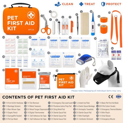 ARCA PET Cat & Dog First Aid Kit for Car - Pet Emergency Kit for Home Office Travel – Dog Camping Essentials with Digital Thermometer, Muzzle & Mini First Aid Pouch