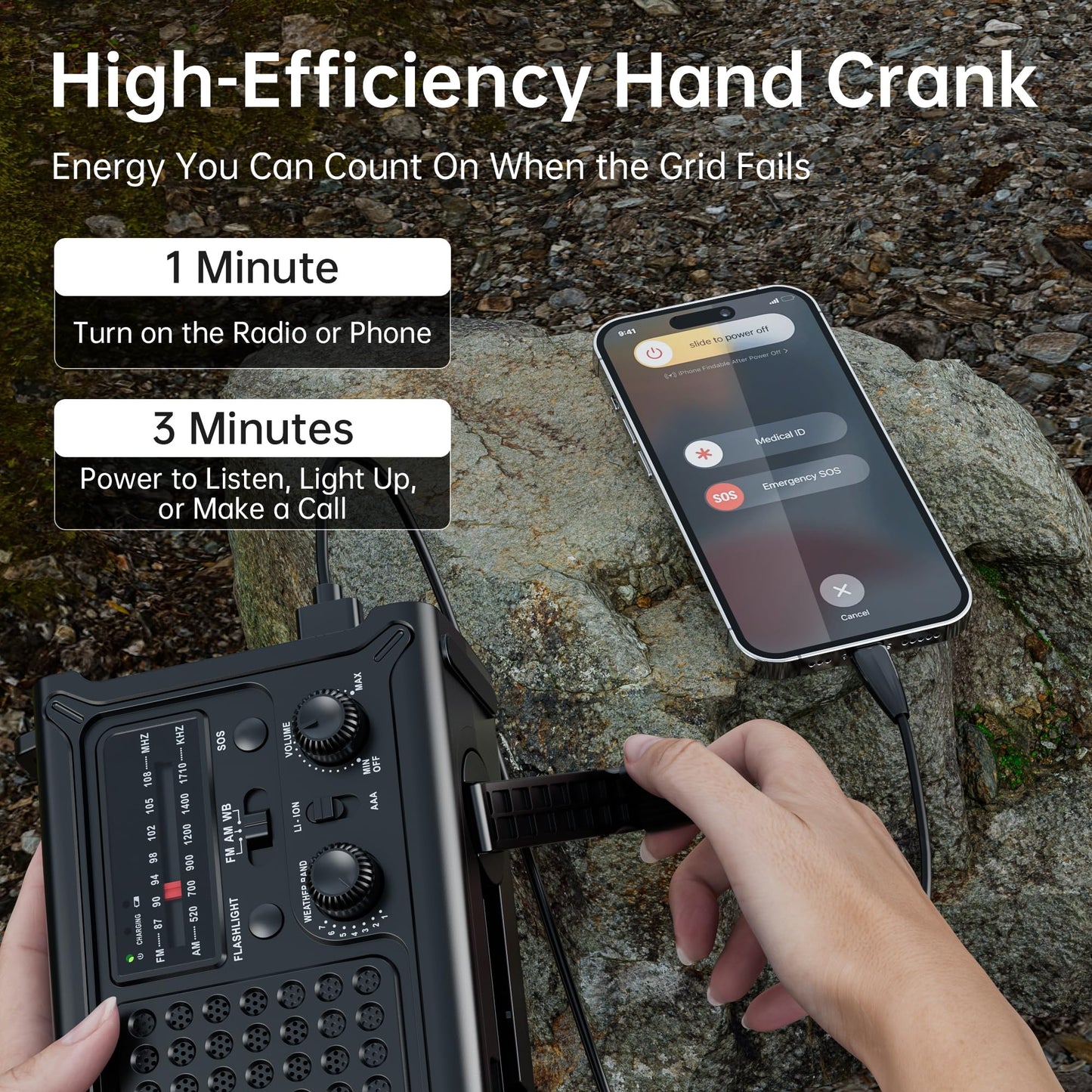 Solar Radio Emergency Hand Crank 12000mAh with Clear Signal, AM FM NOAA Weather Radio Battery Operated with 2-Mode LED Flashlight Cell Phone Charger Dual Outputs SOS