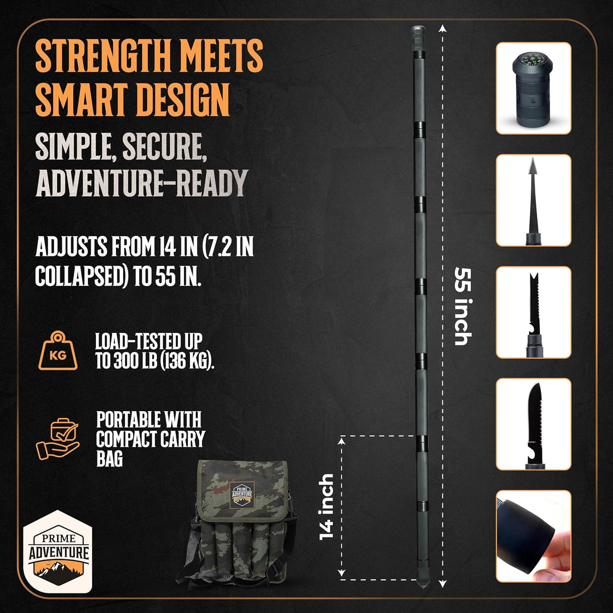 Prime Adventure 15-in-1 Collapsible Hiking Staff, 8 Tubes