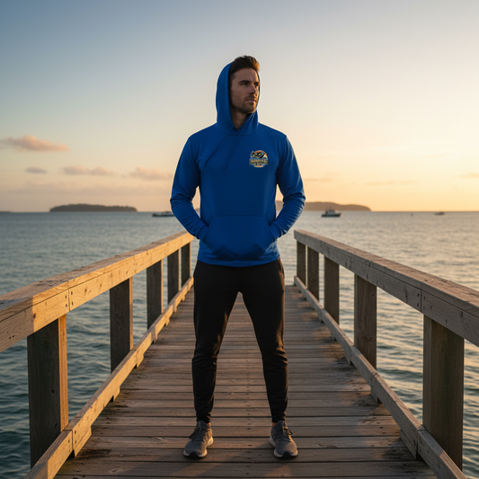 Man wearing HLSC Hooded Pullover on coastal dock at golden hour